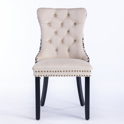 Set of 2 Velvet Tufted Dining Chairs with Nailhead Trim, Rubberwood Legs, Mid-Century, Beige