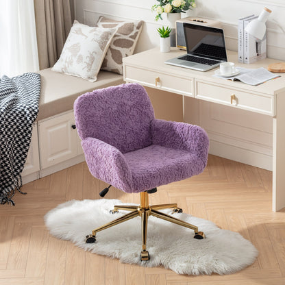 Violet Velvet Office Chair with Golden Base, Adjustable Swivel Design, Plush Artificial Alpaca Wool Upholstery, Ideal for Home and Vanity Use