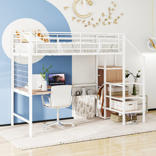 Stylish Full Size Metal Loft Bed with Integrated Desk and Storage Solutions in White