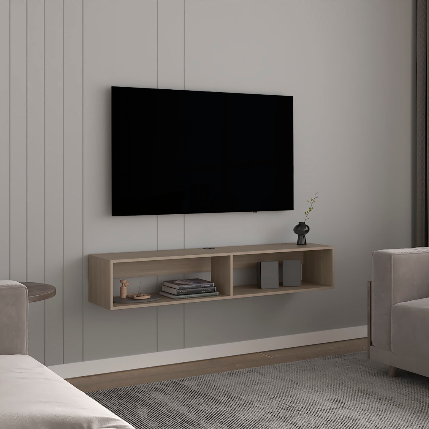 TV Stand for 70-79 inch TVs, 2-Shelf, Engineered Wood + Solid Wood MDF, Ready-to-Assemble, White Oak