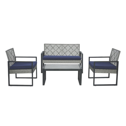 4 Piece Outdoor Patio Set With Acacia Wood Table Wicker For Garden Deck Seats 4 Blue Cushions Gray