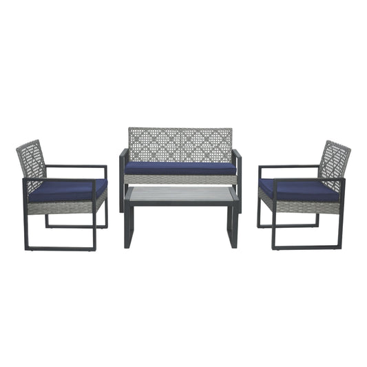 4 Piece Outdoor Patio Set With Acacia Wood Table Wicker For Garden Deck Seats 4 Blue Cushions Gray