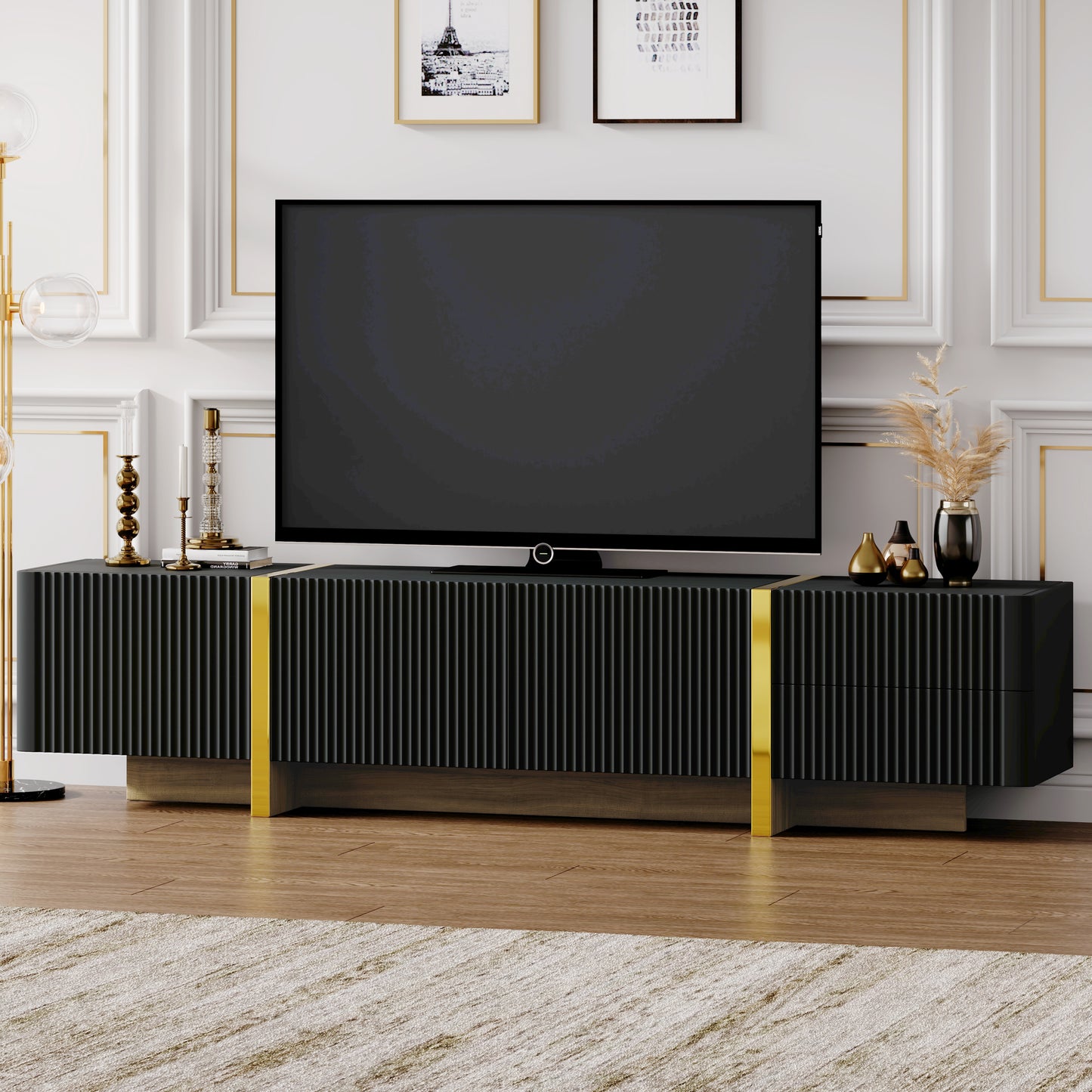 Fluted TV Stand for Up to 80-Inch TVs, 3 Cabinets & 2 Drawers, Cable Management, MDF/Particleboard, Black