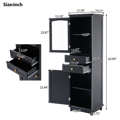 63" Tall Bathroom Storage Cabinet with Glass Doors, Free-Standing, Two Drawers, and Adjustable Shelves, MDF Board, Painted Black - Perfect for Displaying Your Favorite Items