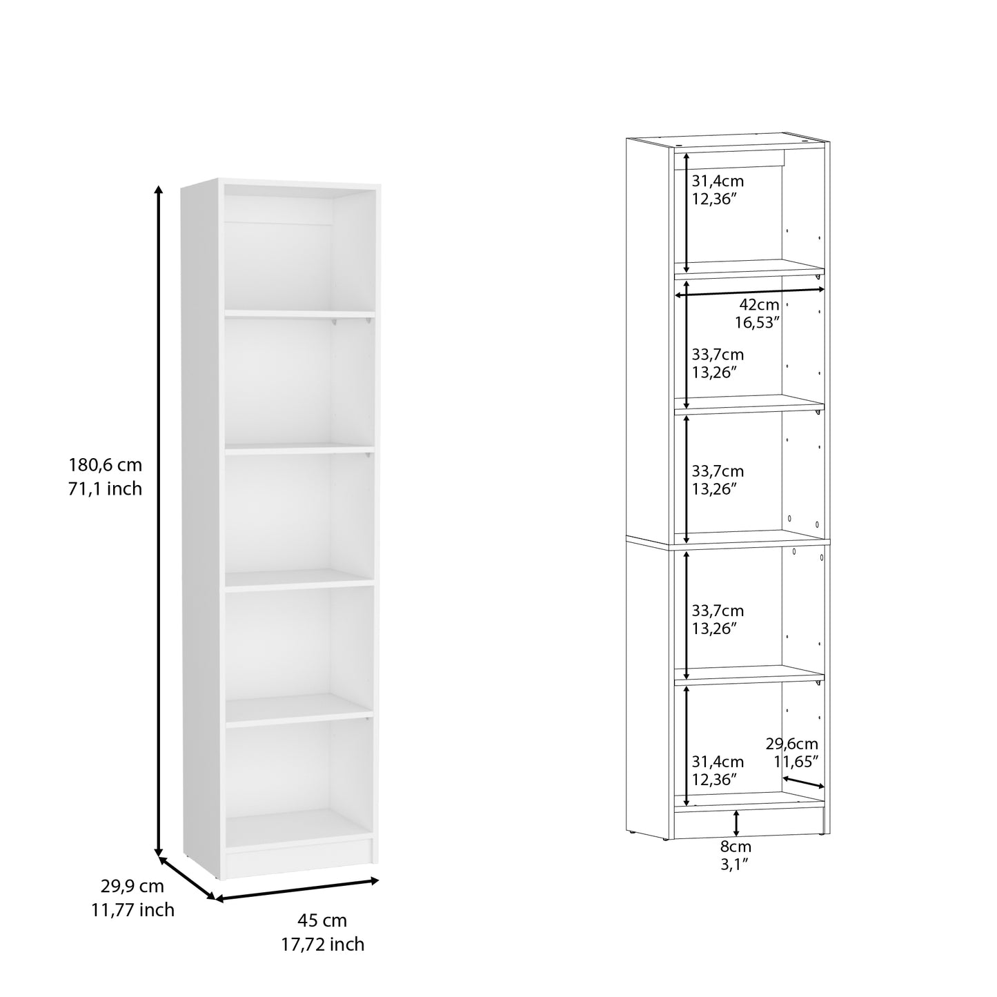 Vinton XS Compact White Bookcase with Five Shelves