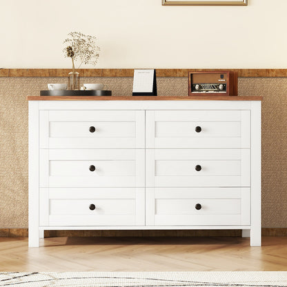 Chic Vintage-Inspired 6-Drawer Wooden Dresser with Rustic Charm for Bedroom - White & Brown