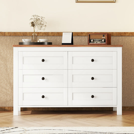 Chic Vintage-Inspired 6-Drawer Wooden Dresser with Rustic Charm for Bedroom - White & Brown