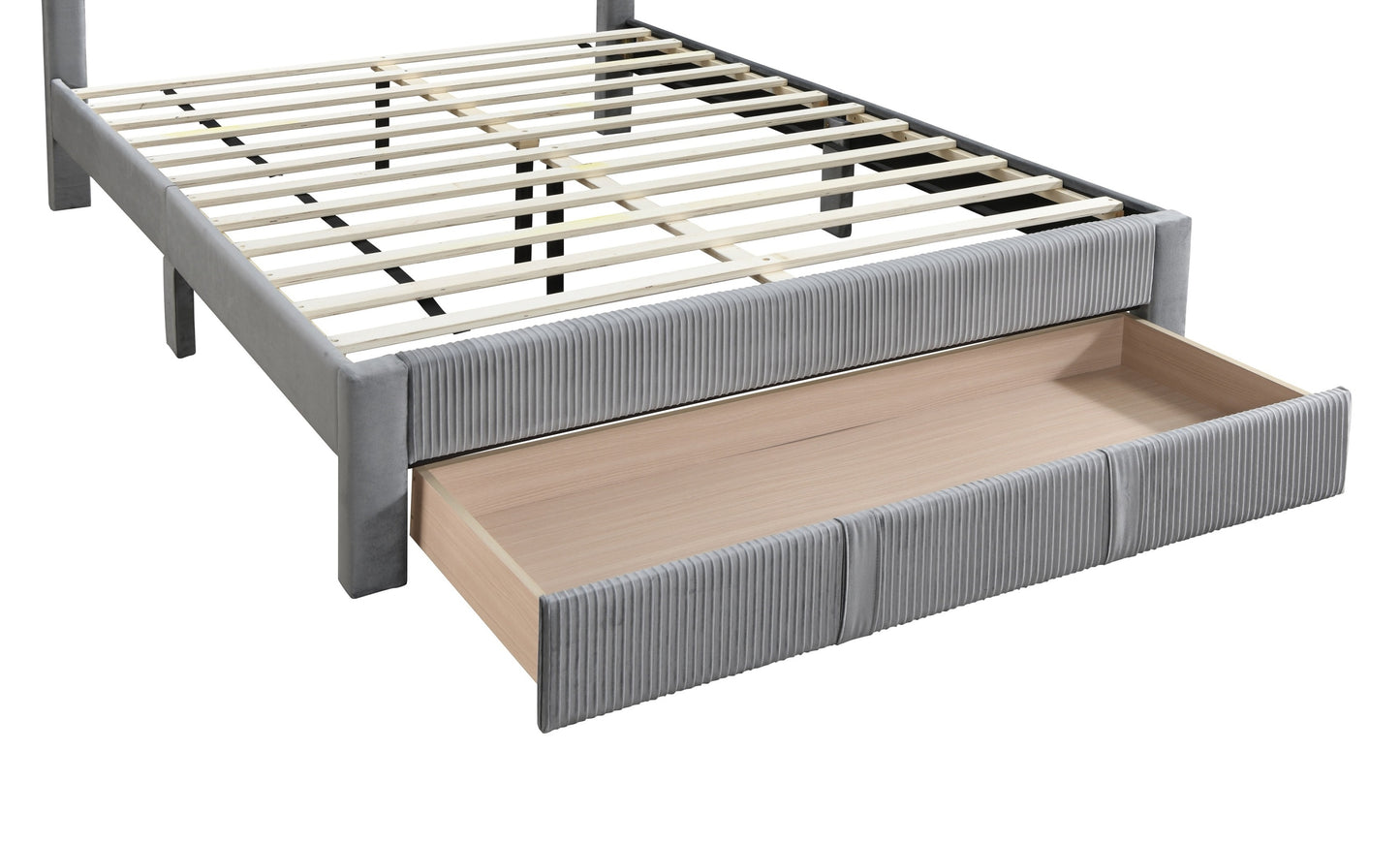 Elegant Gray Corduroy Queen Size Bed Frame with Storage Drawer and Modern Design