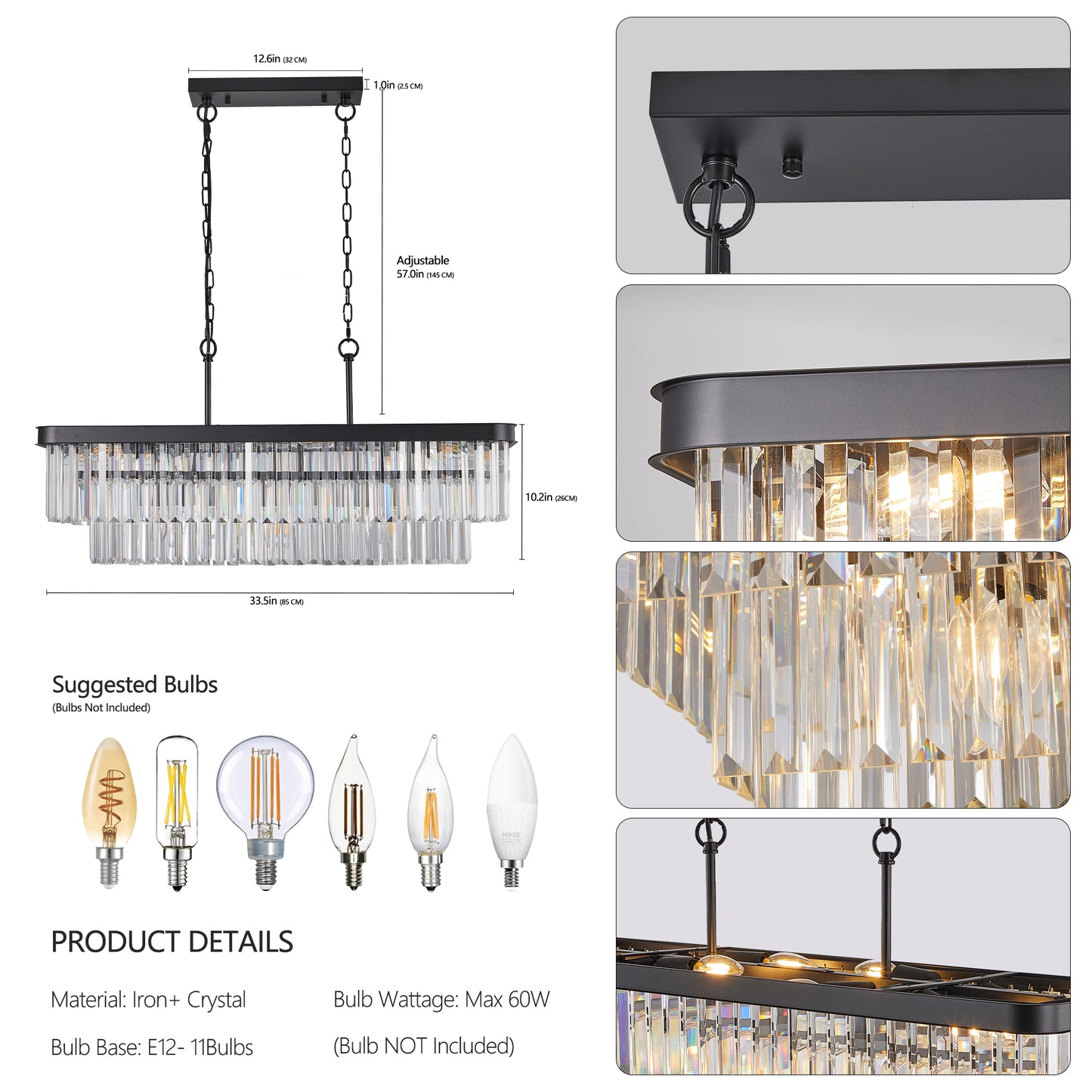 Rectangular Crystal Chandelier, 11-E12 Adjustable Industrial Iron Pendant for Kitchen Island Black