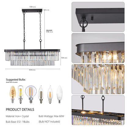 Rectangular Crystal Chandelier, 11-E12 Adjustable Industrial Iron Pendant for Kitchen Island Black
