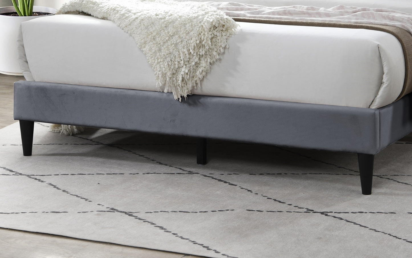 Stylish Gray Velvet Queen Bed Frame with Geometric Headboard – Modern Upholstered Design