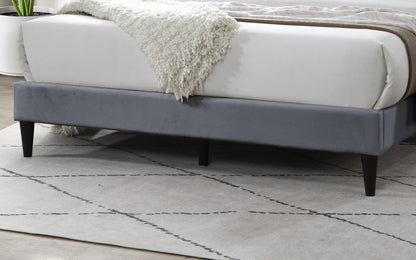 Stylish Gray Velvet Queen Bed Frame with Geometric Headboard – Modern Upholstered Design
