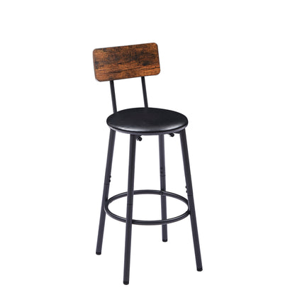 Round Bar Stool Set with Built-In Shelf, Upholstered Seat and Backrest for Kitchen Bar, Rustic Brown