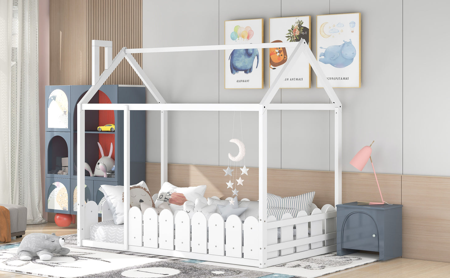 Twin Size Wooden House Bed Frame with Fence - Creative Sleep & Play Space for Kids, Teens, and Children - White Finish