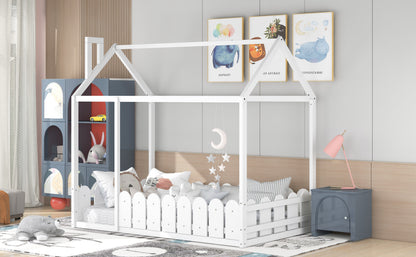 Twin Size Wooden House Bed Frame with Fence - Creative Sleep & Play Space for Kids, Teens, and Children - White Finish