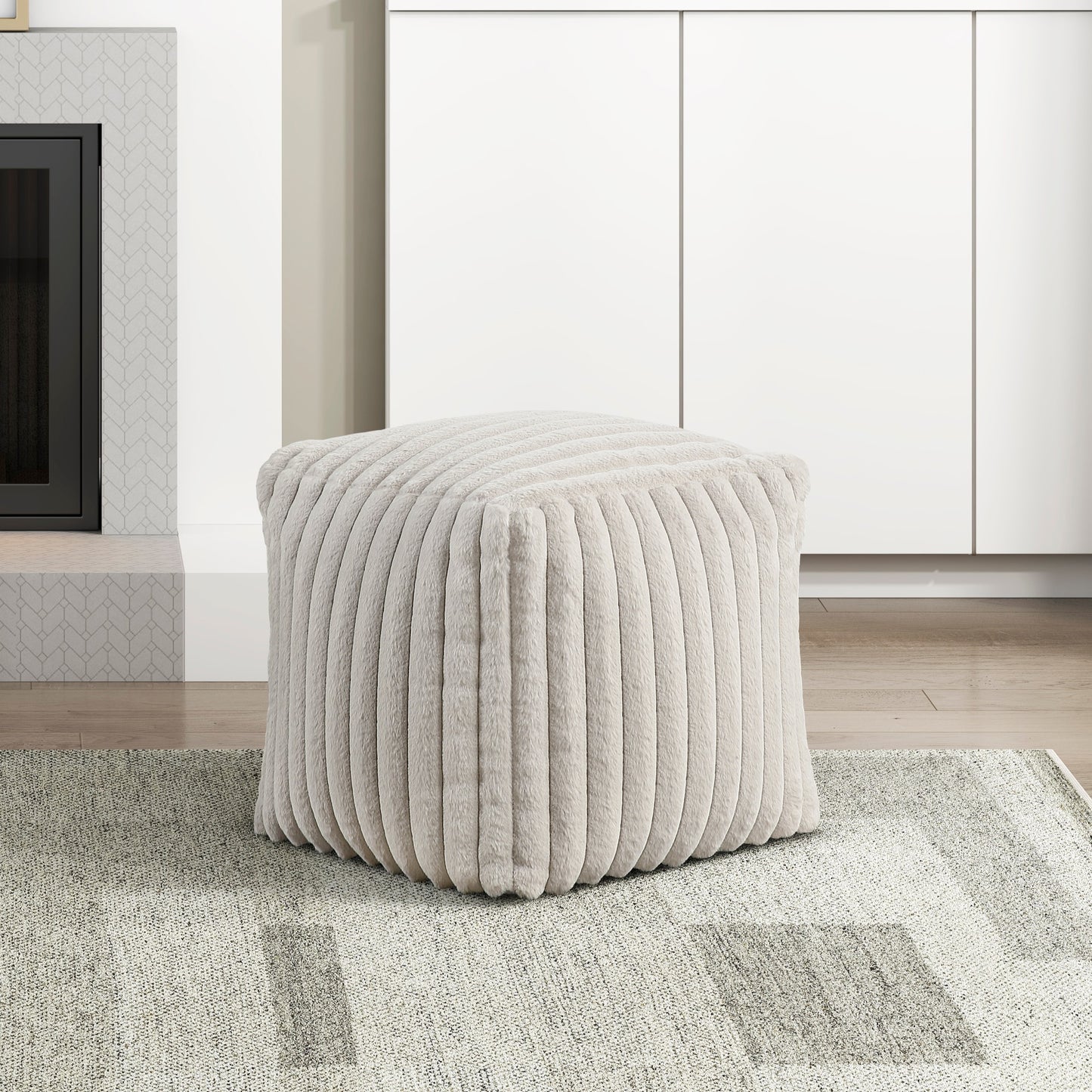 Square Pouf Ottoman Bead-Filled Corduroy Cube, 16-Inch, Non-Slip Bottom, Footstool for Home Off-White