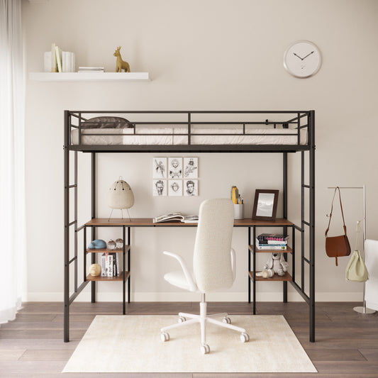 Twin Loft Bed with Integrated Desk & Storage Shelves - Sturdy Metal Construction, Noise Reduction Features, Safety Guardrails, and Dual Side Ladders - No Box Spring Required