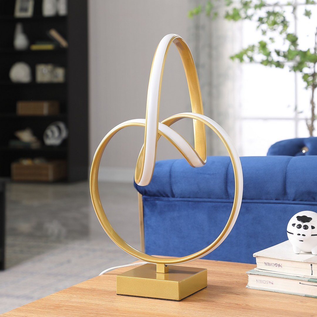 19-Inch Modern Table Lamp with Integrated 10W LED Strip, Metal Body, Abstract Infinity Design, Matte Gold