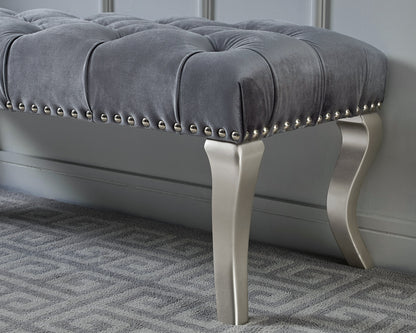 Tufted Upholstered Bench with Nailhead Trim, Velvet, 48W x 18D x 18H, Champagne Wood Legs, Gray