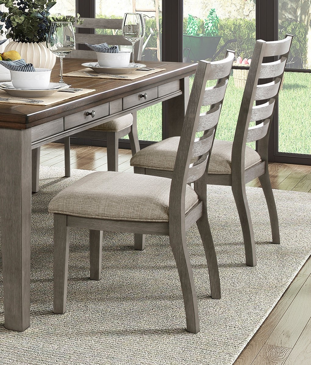 Set of 2 ladder-back dining chairs, wood frame, beige upholstery, 20W seat, 250-lb capacity, Gray finish