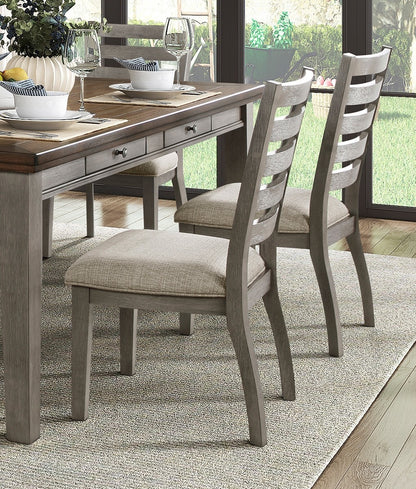 Set of 2 ladder-back dining chairs, wood frame, beige upholstery, 20W seat, 250-lb capacity, Gray finish