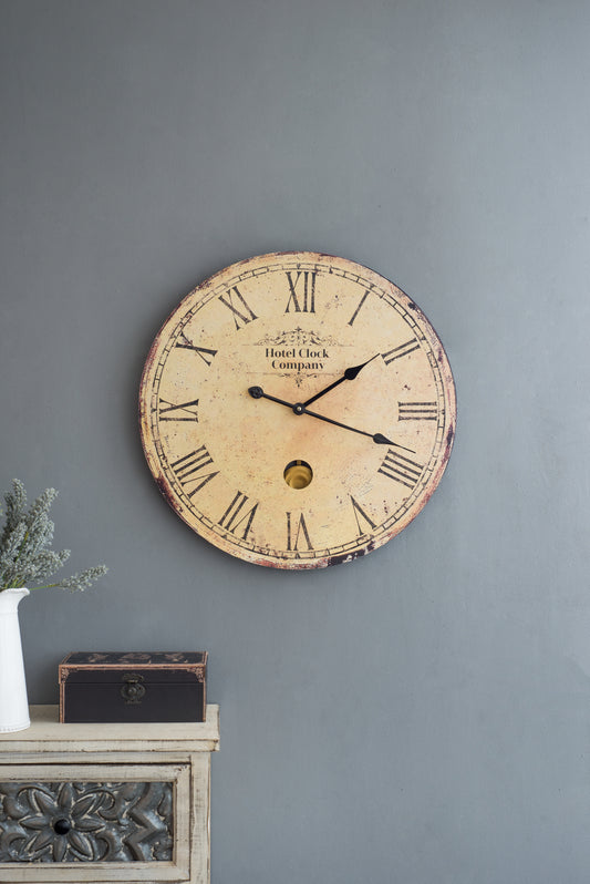 Large 23-Inch Tall Wall Clock with Pendulum, Vintage Parisian Cafe Style, MDF & Iron Movement, Beige