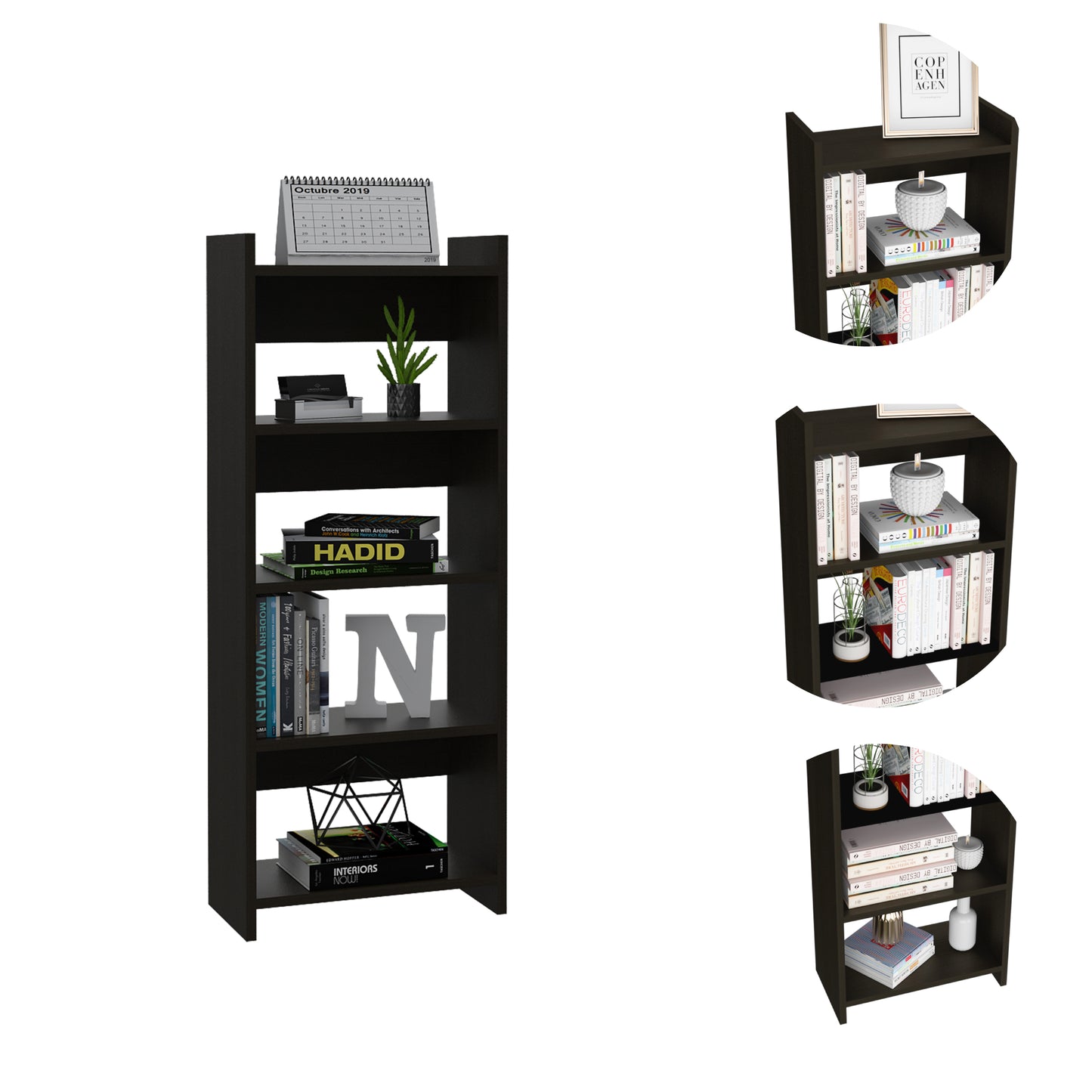 Modern Black Wengue 2-Piece Home Office Desk and Bookcase Set with 7 Shelves and 1 Drawer