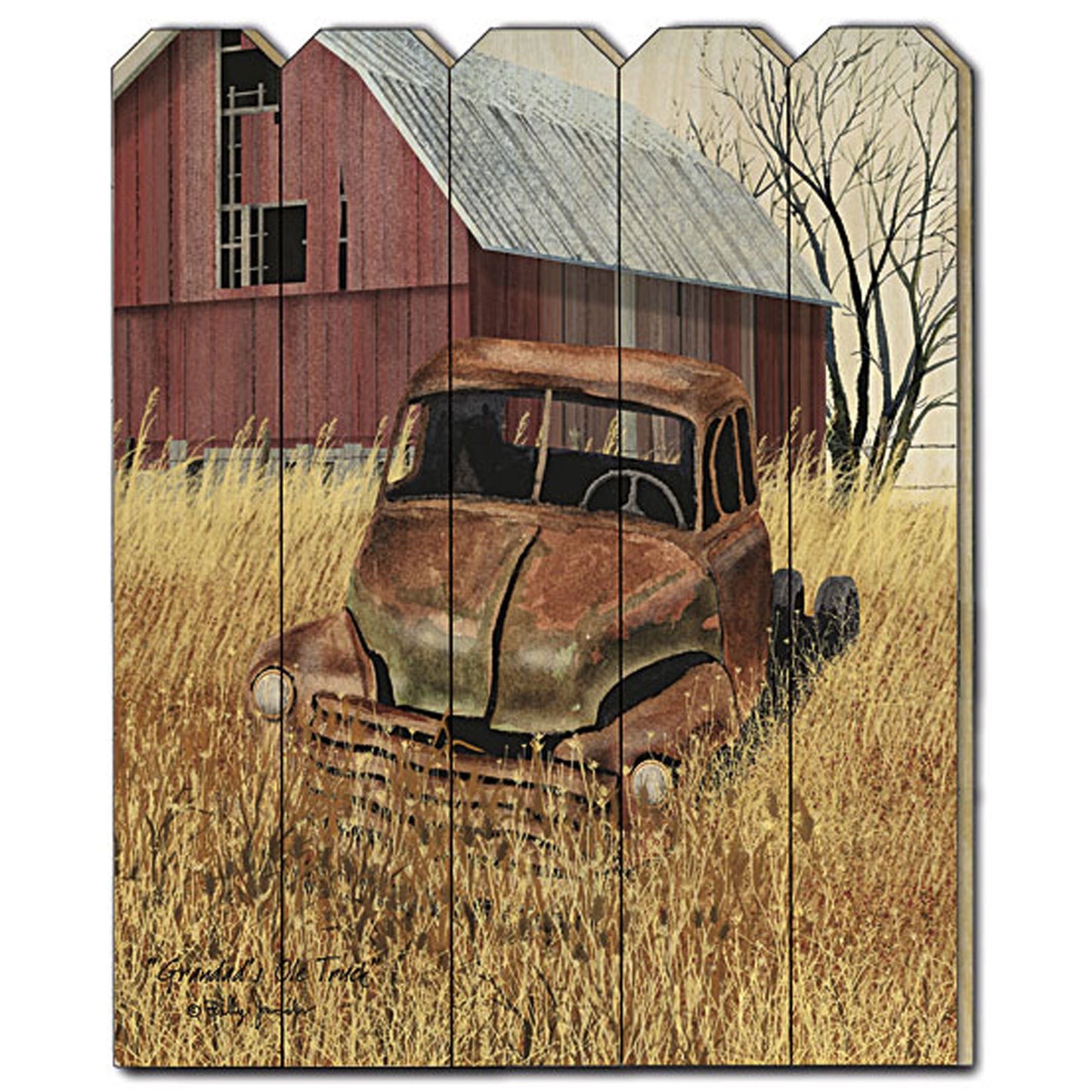 Vintage Old Truck Wall Art on Wood Picket Fence, 16 x 20 in Living Room Decor Multicolor