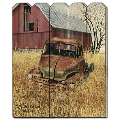 Vintage Old Truck Wall Art on Wood Picket Fence, 16 x 20 in Living Room Decor Multicolor