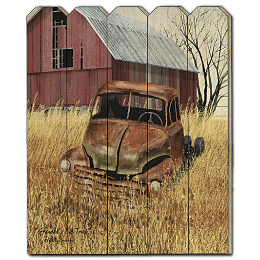 Vintage Old Truck Wall Art on Wood Picket Fence, 16 x 20 in Living Room Decor Multicolor