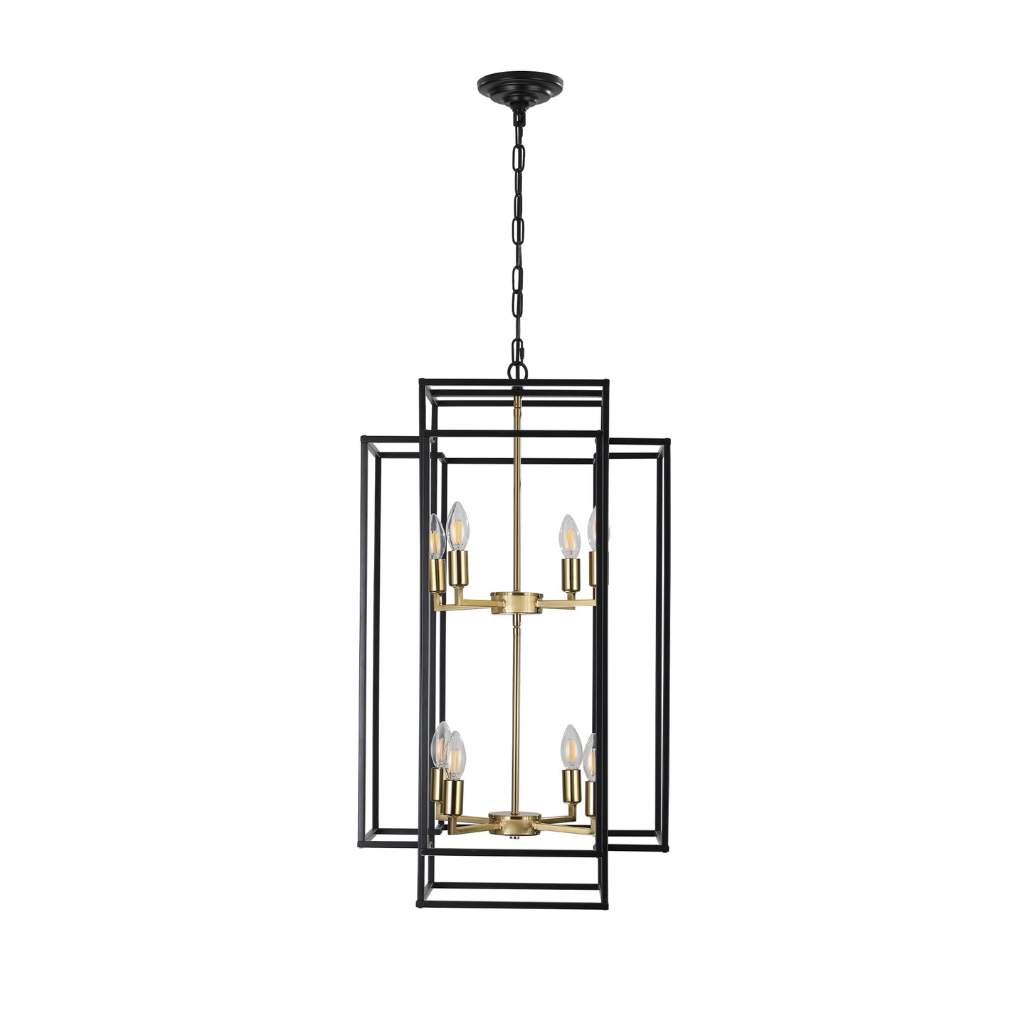 8-Light Lantern Pendant Industrial Farmhouse Chandelier Kitchen Island 60in Adjustable Boom Black & Gold