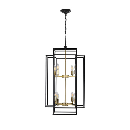 8-Light Lantern Pendant Industrial Farmhouse Chandelier Kitchen Island 60in Adjustable Boom Black & Gold