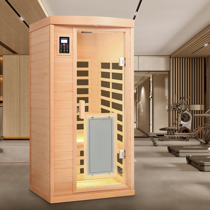 1-Person Hemlock Far-Infrared Indoor Sauna with Front-Door Heating Panel, Low EMF, Bluetooth Natural