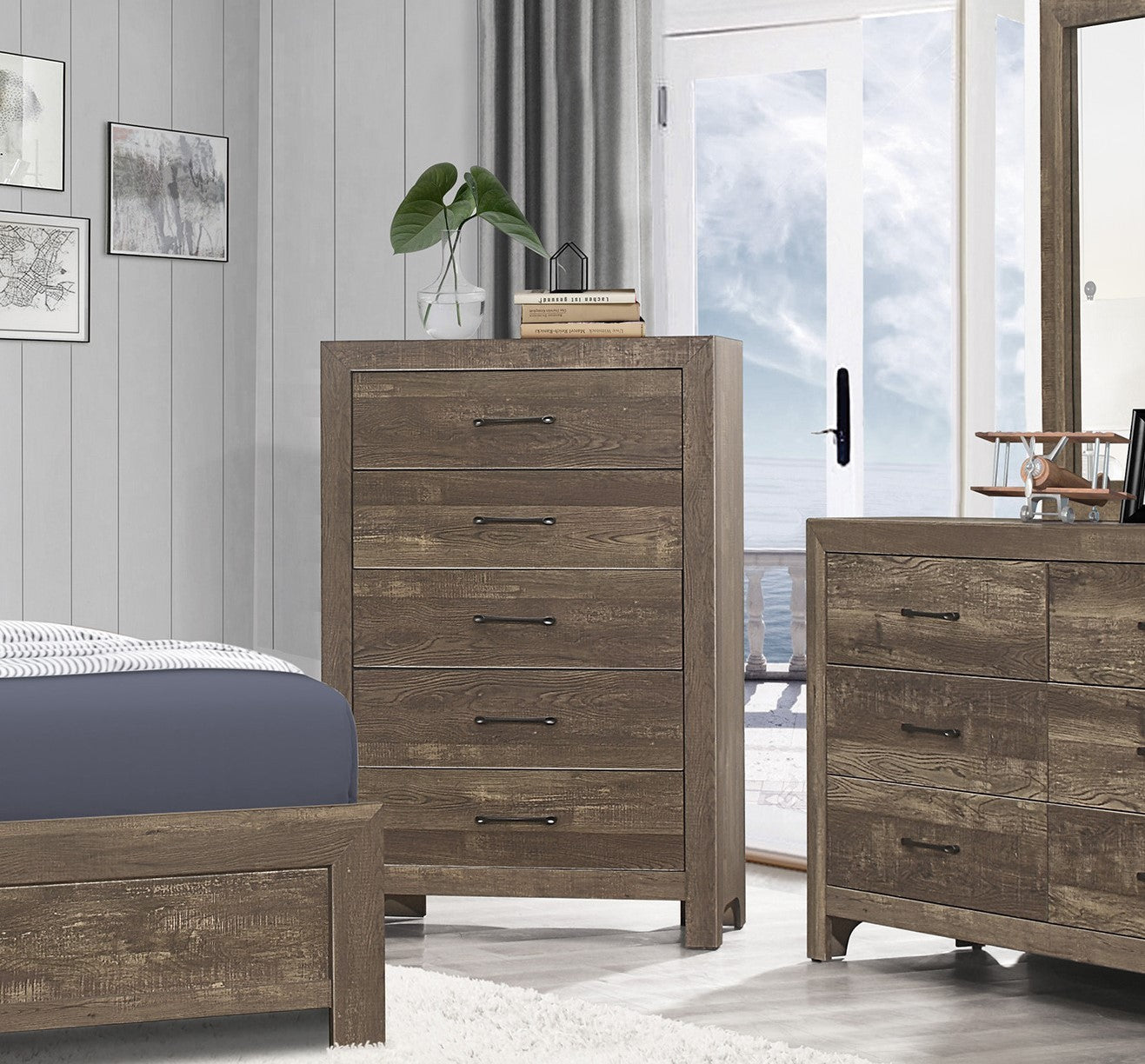 Rustic Elegance 5-Drawer Chest with Black Metal Accents for Bedroom Storage