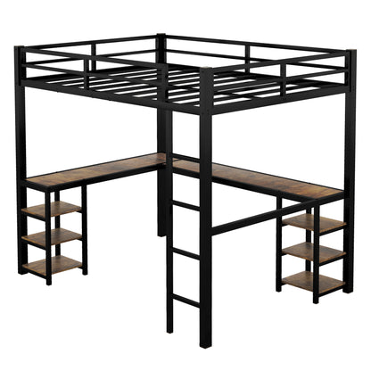 Stylish Full XL Metal Loft Bed with Integrated Desk and Storage Shelves, Ideal Space-Saving Solution for Bedrooms, Black Finish