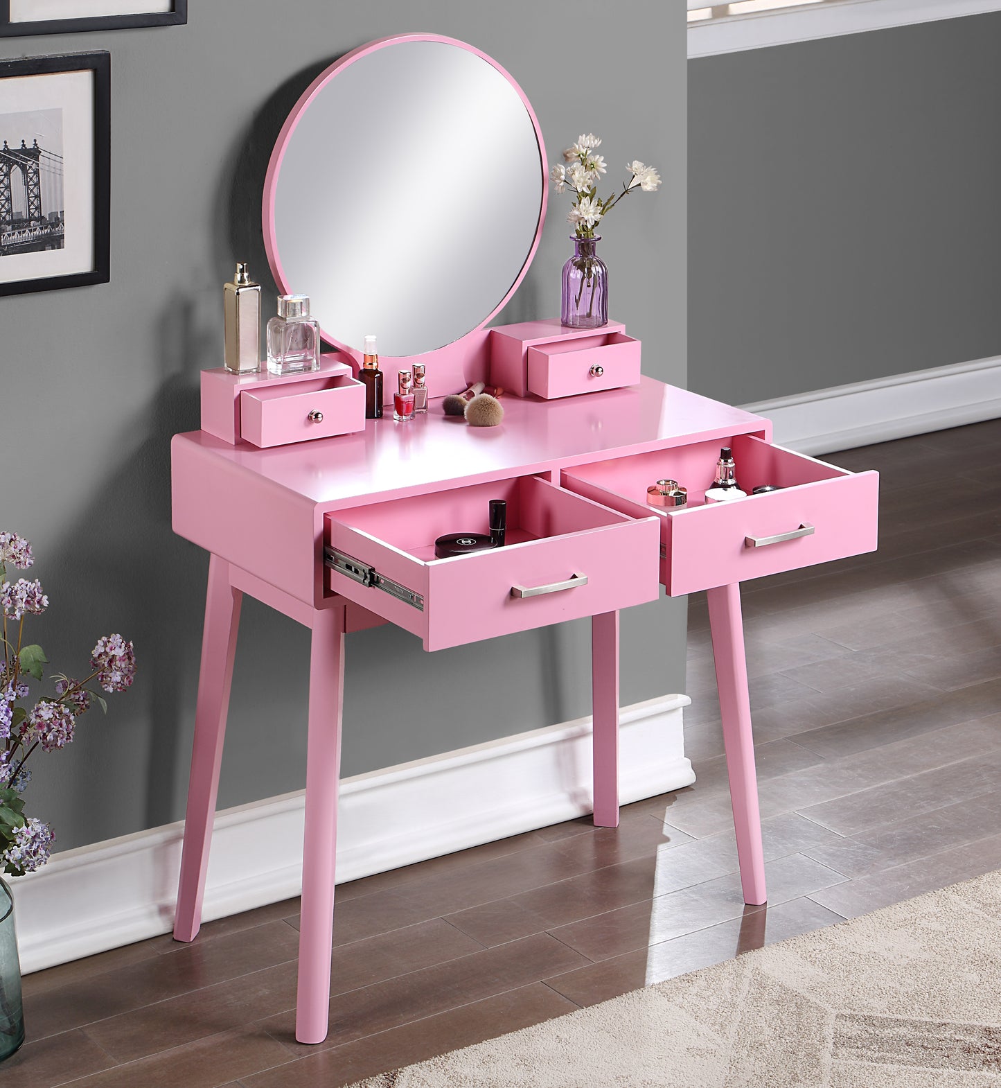 Contemporary Wood Vanity and Stool Set for Bedroom Dressing Area, Makeup Desk with Storage Drawers Pink