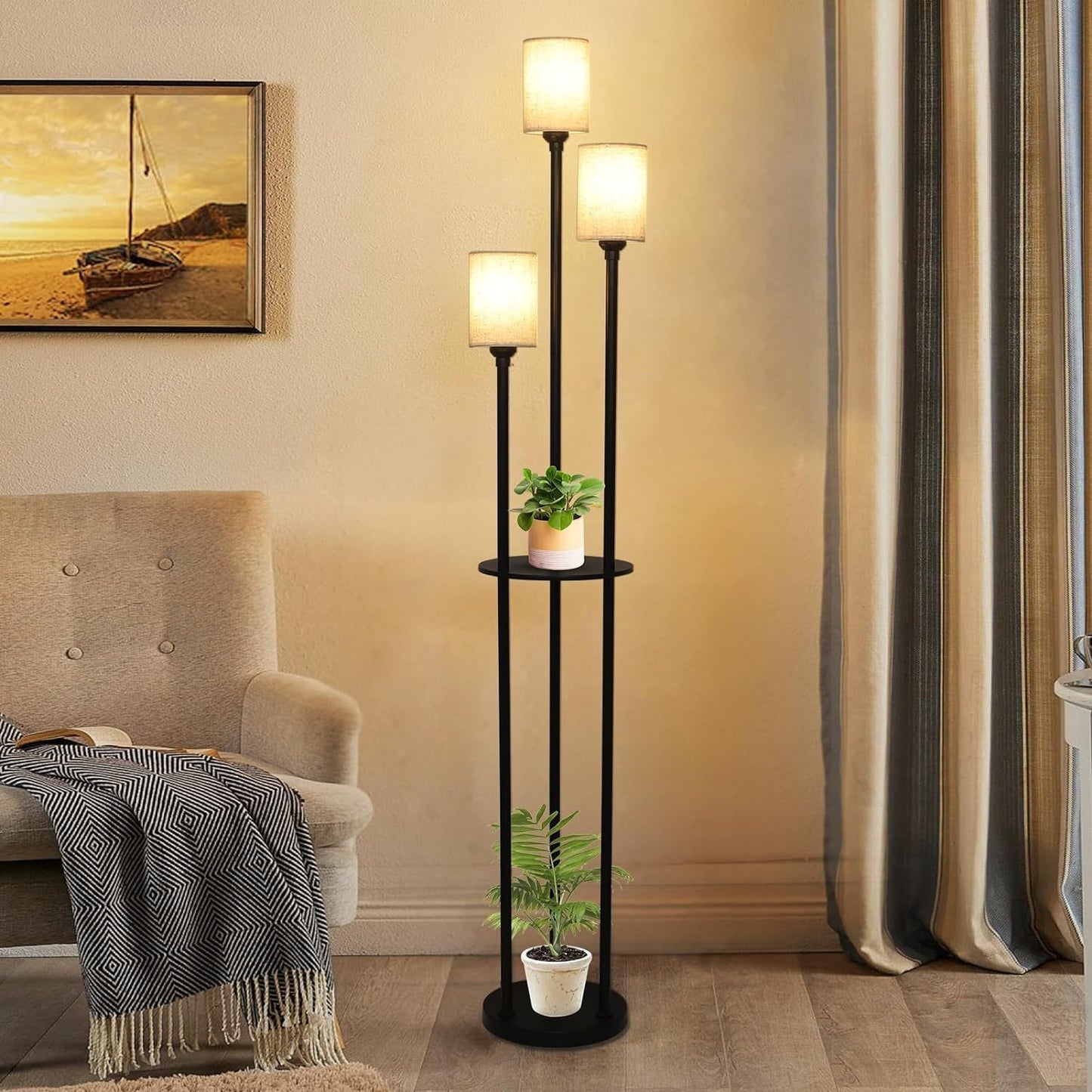 3-Light Floor Lamp with Shelves, Industrial Modern Floor Lamp, Linen Shade, Foot Pedal, 66in Black