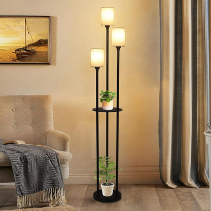 3-Light Floor Lamp with Shelves, Industrial Modern Floor Lamp, Linen Shade, Foot Pedal, 66in Black