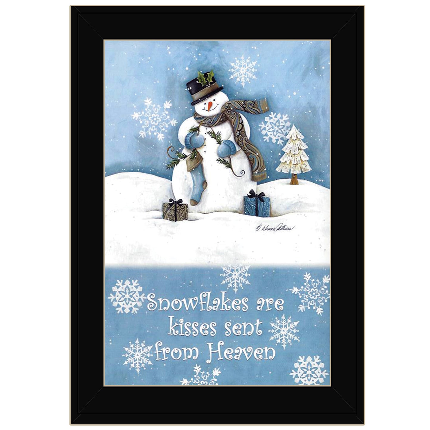 Snowman Wall Art Print - Ready to Hang Framed Poster with Black Frame - 14 x 10 in - Winter Decor Multicolor