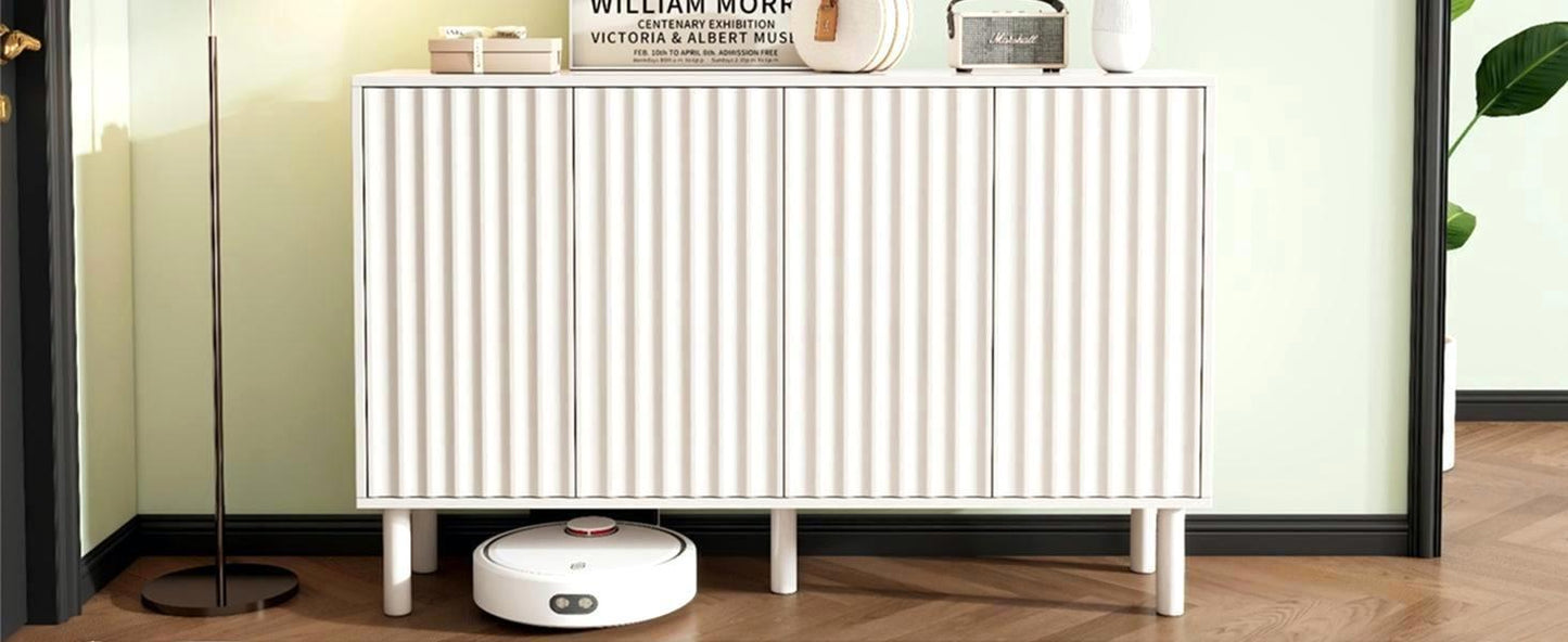 ON-TREND Minimalist Shoe Cabinet with 5 Solid Wood Legs, Cream Style Sideboard Buffet Cabinet with Fluted Doors, Large 4-Door Storage Cabinet with Adjustable Shelves for Living Room, White, 55.1*13.7"
