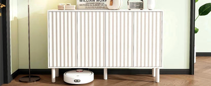 ON-TREND Minimalist Shoe Cabinet with 5 Solid Wood Legs, Cream Style Sideboard Buffet Cabinet with Fluted Doors, Large 4-Door Storage Cabinet with Adjustable Shelves for Living Room, White, 55.1*13.7"