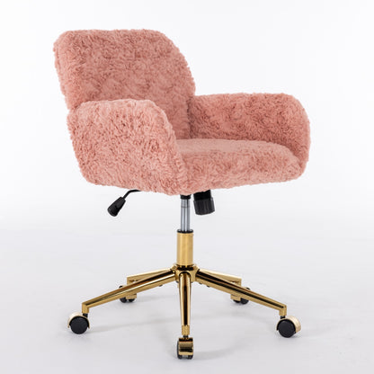 Elegant Pink Upholstered Office Chair with Golden Base - Adjustable Swivel Vanity Chair with Rabbit Fur Cushion