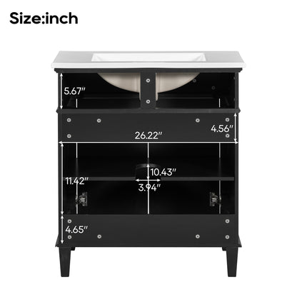 30-Inch Black Bathroom Vanity with Ceramic Sink, Soft-Close Doors, and Adjustable Storage Shelves