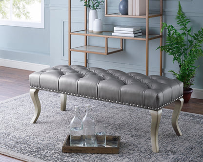 Tufted Fabric Upholstered Bench with Nailhead Trim, Crystal Button Tufting, 48W x 18D x 18H, Champagne