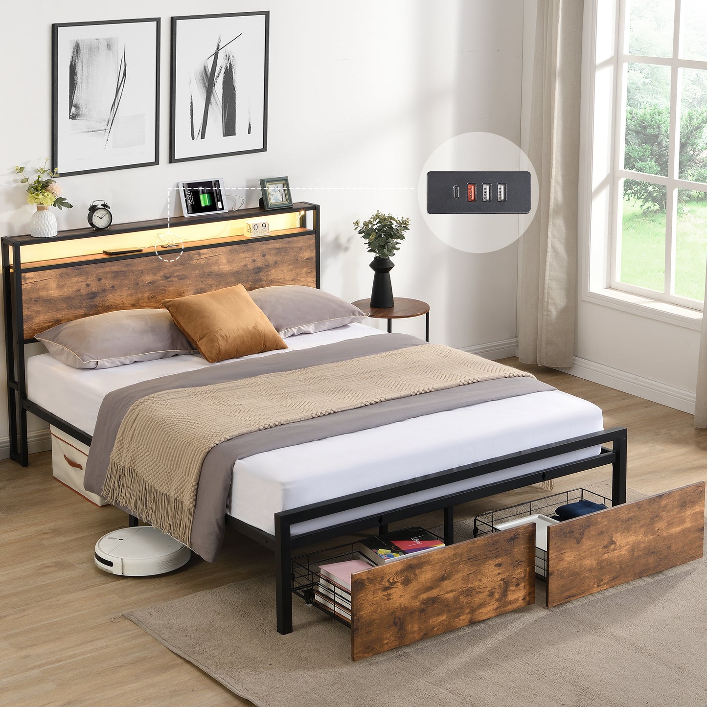 Modern Queen Bed Frame with LED Headboard, Integrated Charging Station & Storage Drawers – Sturdy Metal Platform, No Box Spring Required