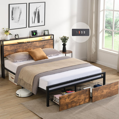 Modern Queen Bed Frame with LED Headboard, Integrated Charging Station & Storage Drawers – Sturdy Metal Platform, No Box Spring Required