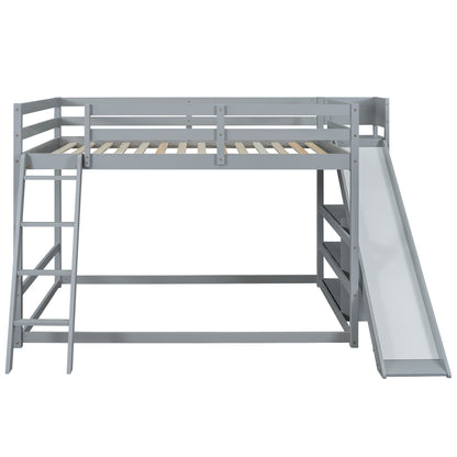 Gray Full Over Full Bunk Bed with Slide, Ladder, and Storage Shelves