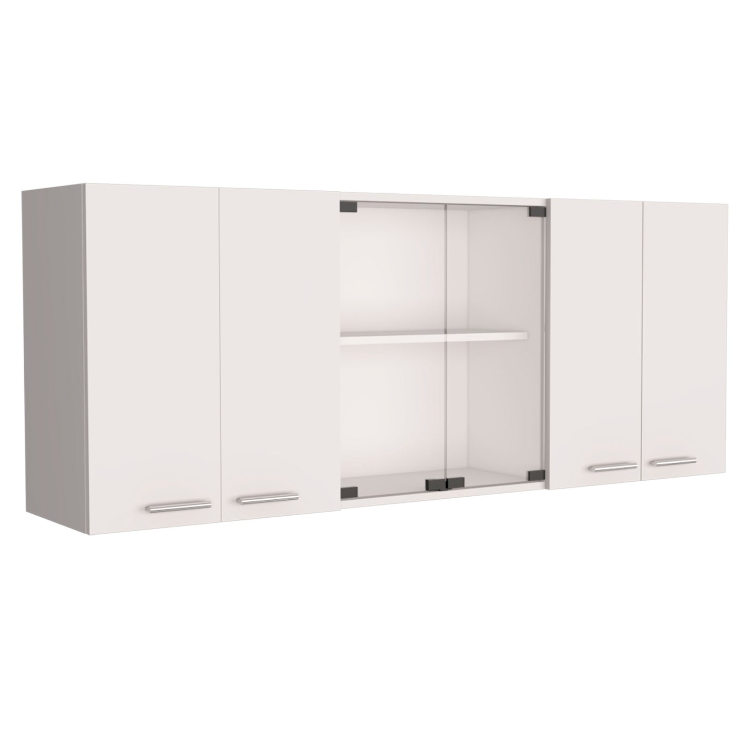 White Wall Cabinet with Four Doors, Two Glass Doors, and Internal Shelves, 24" H