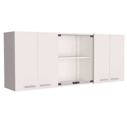 White Wall Cabinet with Four Doors, Two Glass Doors, and Internal Shelves, 24" H