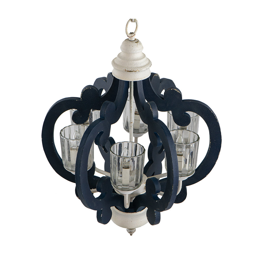 6-Light Wood Chandelier, Farmhouse Pendant for Kitchen, Living, Bulb Not Included, Navy Blue and White Finish